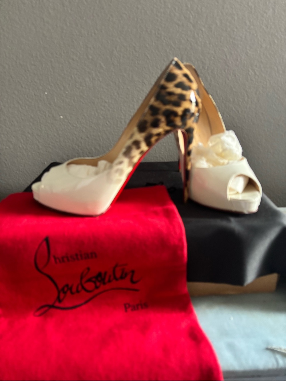 Christian Louboutin White Peep-Toe Pumps with Leopard-Print Heel